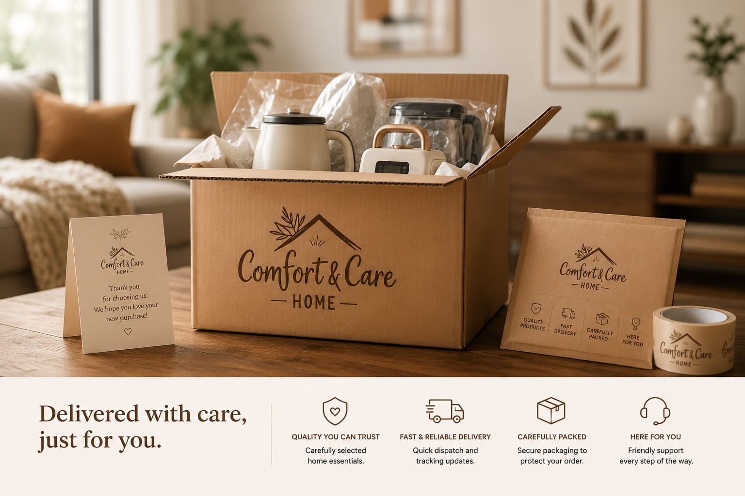 Home products arranged inside a delivery box
