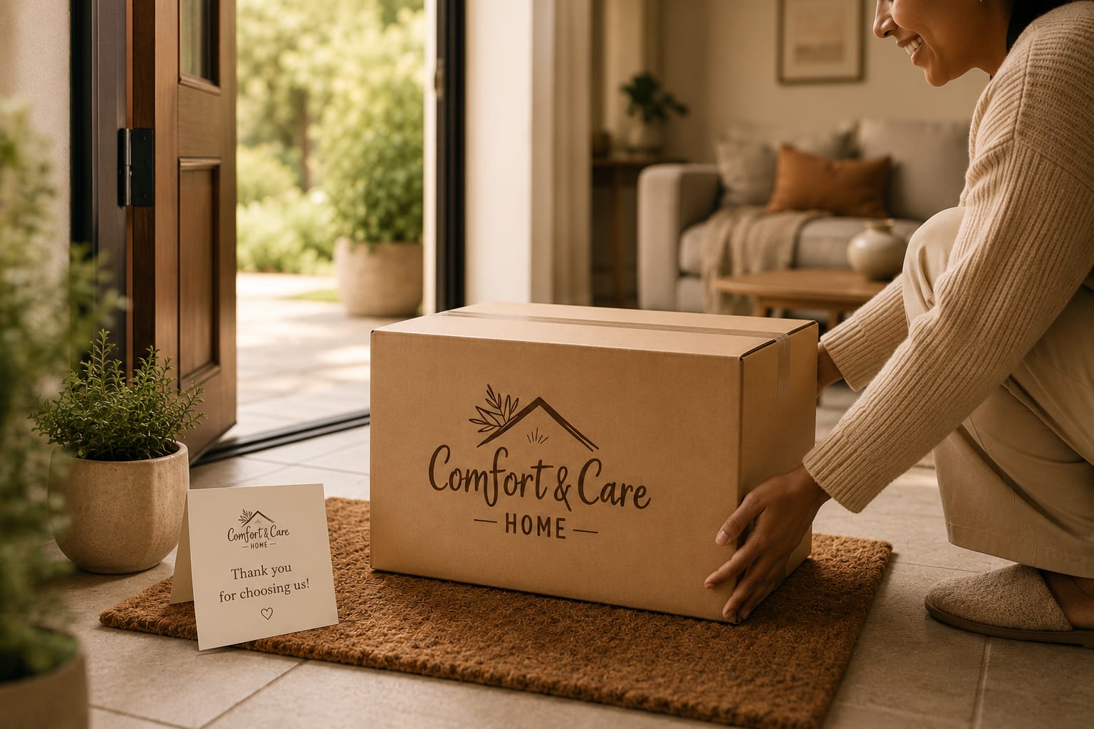 Customer receiving a Comfort and Care Home delivery box